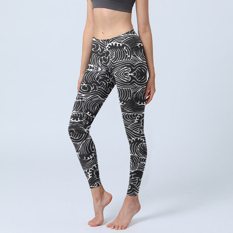 Buddha Stones Linie Wellen Musterdruck Gym Leggings Damen Yogahose - Schwarz - US18， UK/AU22，EU50 (4XL) - image 1