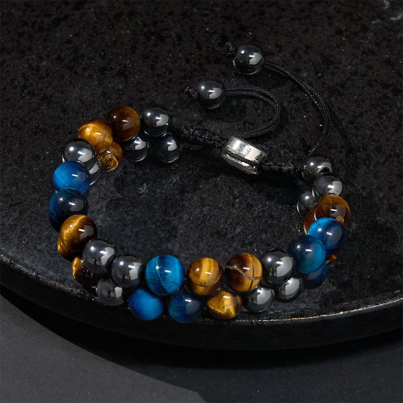 Buddha Stones Natürliches blaues Tigerauge Schwarzer Magnetit Om Muster Doppelreihige Perlen Stärke Armband