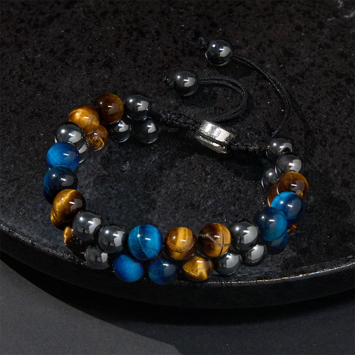 Buddha Stones Natürliches blaues Tigerauge Schwarzer Magnetit Om Muster Doppelreihige Perlen Stärke Armband