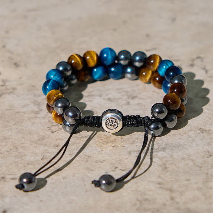 Buddha Stones Natürliches blaues Tigerauge Schwarzer Magnetit Om Muster Doppelreihige Perlen Stärke Armband