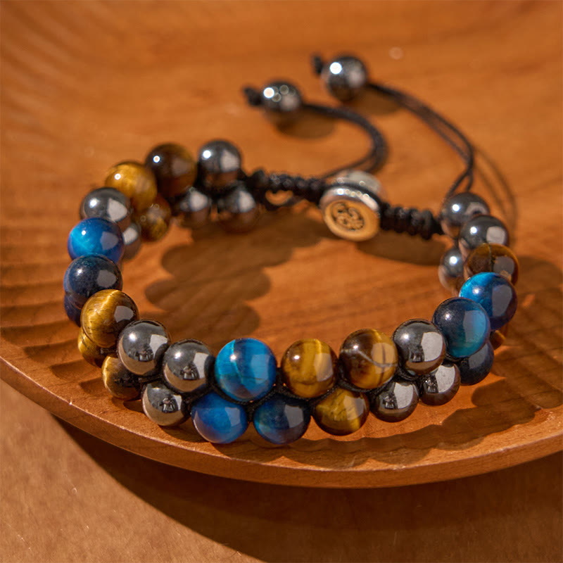 Buddha Stones Natürliches blaues Tigerauge Schwarzer Magnetit Om Muster Doppelreihige Perlen Stärke Armband