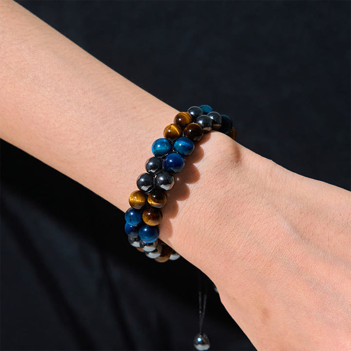 Buddha Stones Natürliches blaues Tigerauge Schwarzer Magnetit Om Muster Doppelreihige Perlen Stärke Armband