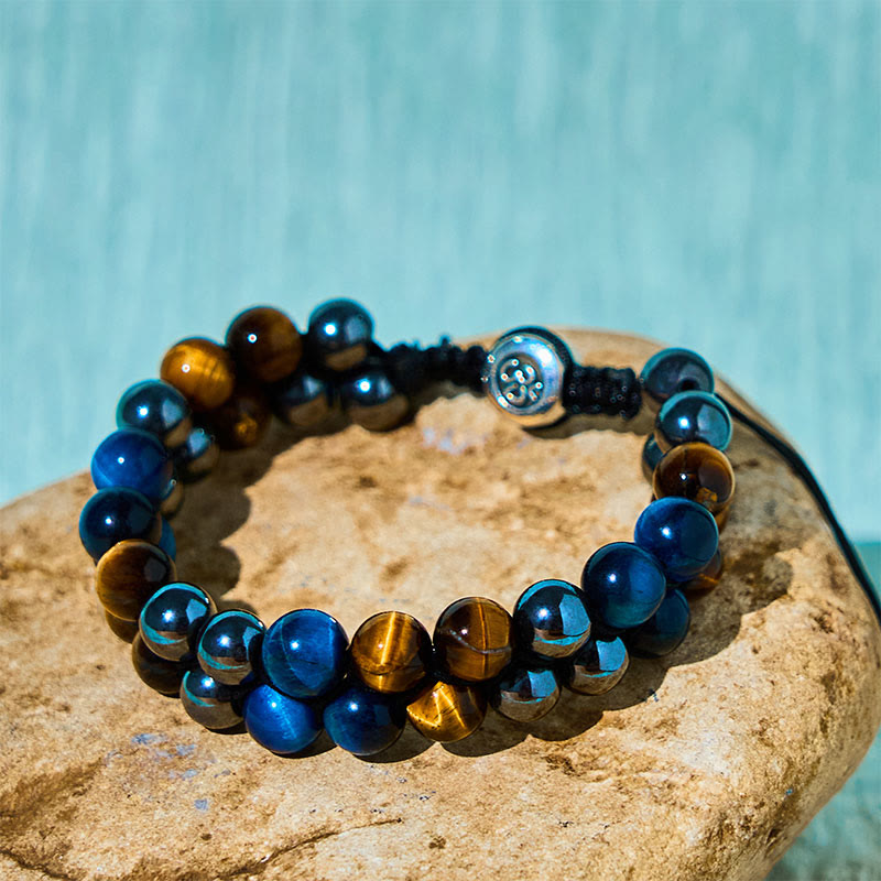 Buddha Stones Natürliches blaues Tigerauge Schwarzer Magnetit Om Muster Doppelreihige Perlen Stärke Armband
