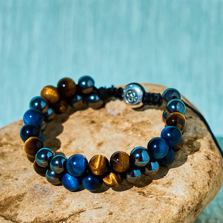 Buddha Stones Natürliches blaues Tigerauge Schwarzer Magnetit Om Muster Doppelreihige Perlen Stärke Armband