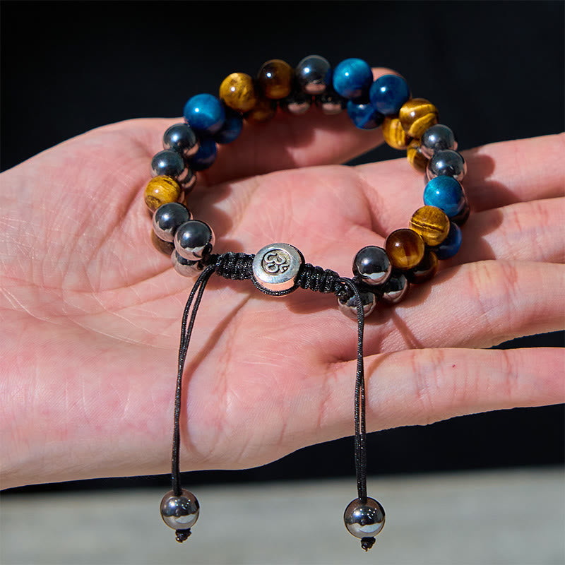 Buddha Stones Natürliches blaues Tigerauge Schwarzer Magnetit Om Muster Doppelreihige Perlen Stärke Armband
