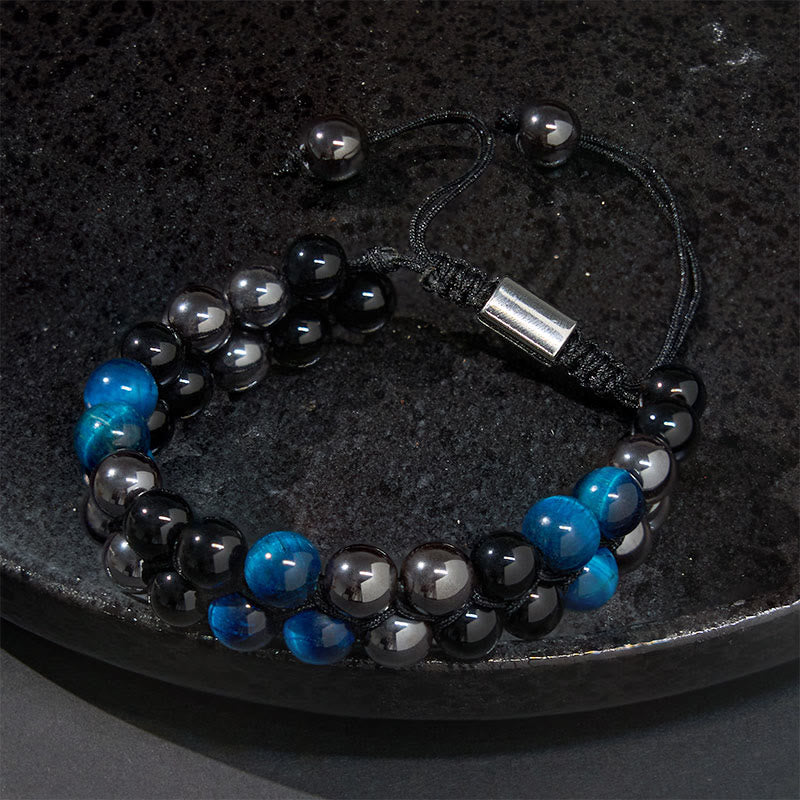 Buddha Stones Schutzarmband mit natürlichem blauem Tigerauge, schwarzem Magnetit und schwarzem Obsidian, zweireihige Perlen