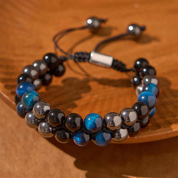 Buddha Stones Schutzarmband mit natürlichem blauem Tigerauge, schwarzem Magnetit und schwarzem Obsidian, zweireihige Perlen