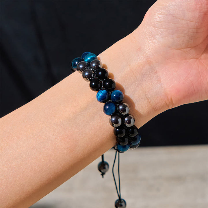 Buddha Stones Schutzarmband mit natürlichem blauem Tigerauge, schwarzem Magnetit und schwarzem Obsidian, zweireihige Perlen