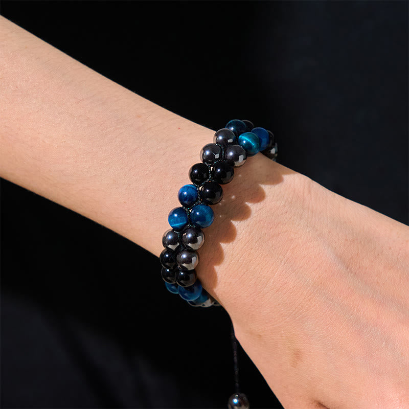 Buddha Stones Schutzarmband mit natürlichem blauem Tigerauge, schwarzem Magnetit und schwarzem Obsidian, zweireihige Perlen