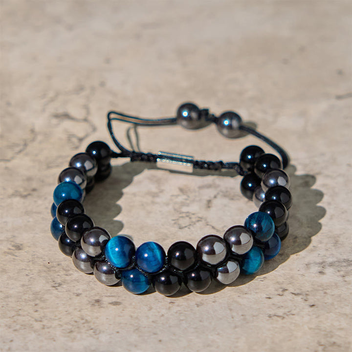 Buddha Stones Schutzarmband mit natürlichem blauem Tigerauge, schwarzem Magnetit und schwarzem Obsidian, zweireihige Perlen