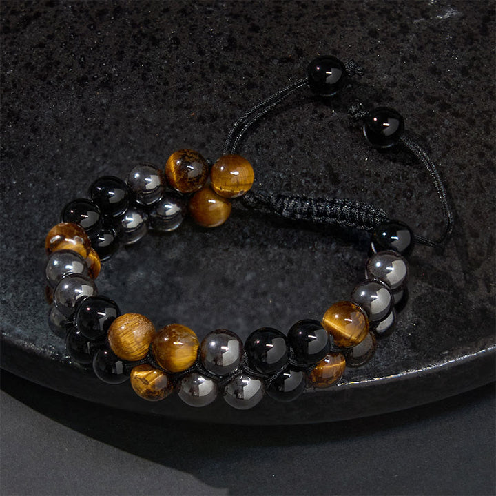 Buddha Stones Schutzarmband aus natürlichem Tigerauge, schwarzem Magnetit und schwarzem Onyx, zweireihige Perlen