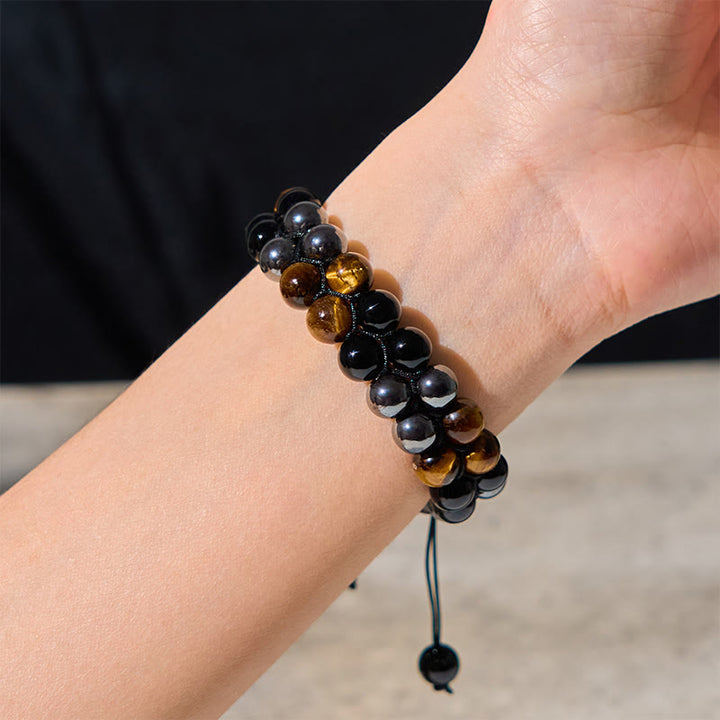 Buddha Stones Schutzarmband aus natürlichem Tigerauge, schwarzem Magnetit und schwarzem Onyx, zweireihige Perlen