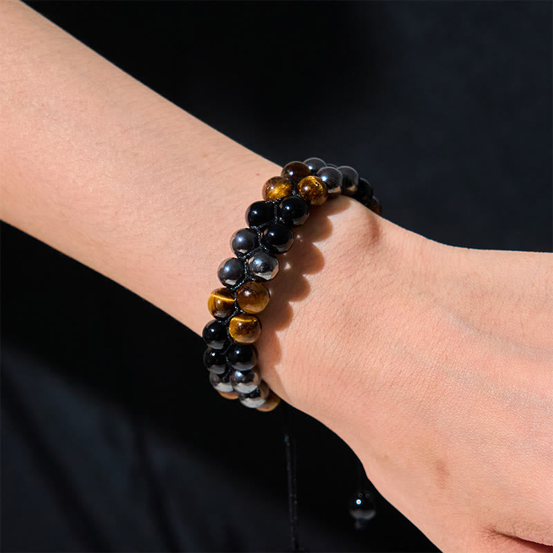 Buddha Stones Schutzarmband aus natürlichem Tigerauge, schwarzem Magnetit und schwarzem Onyx, zweireihige Perlen