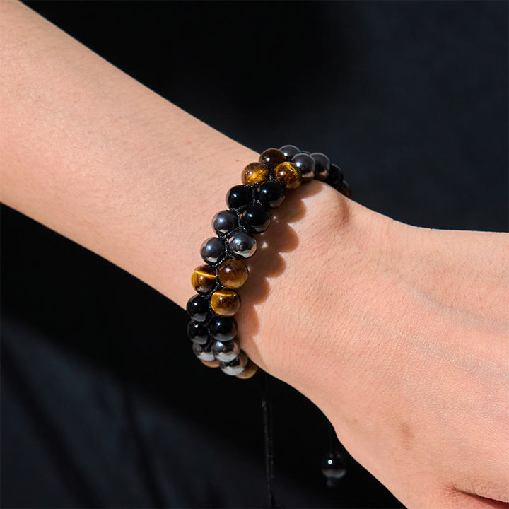 Buddha Stones Schutzarmband aus natürlichem Tigerauge, schwarzem Magnetit und schwarzem Onyx, zweireihige Perlen