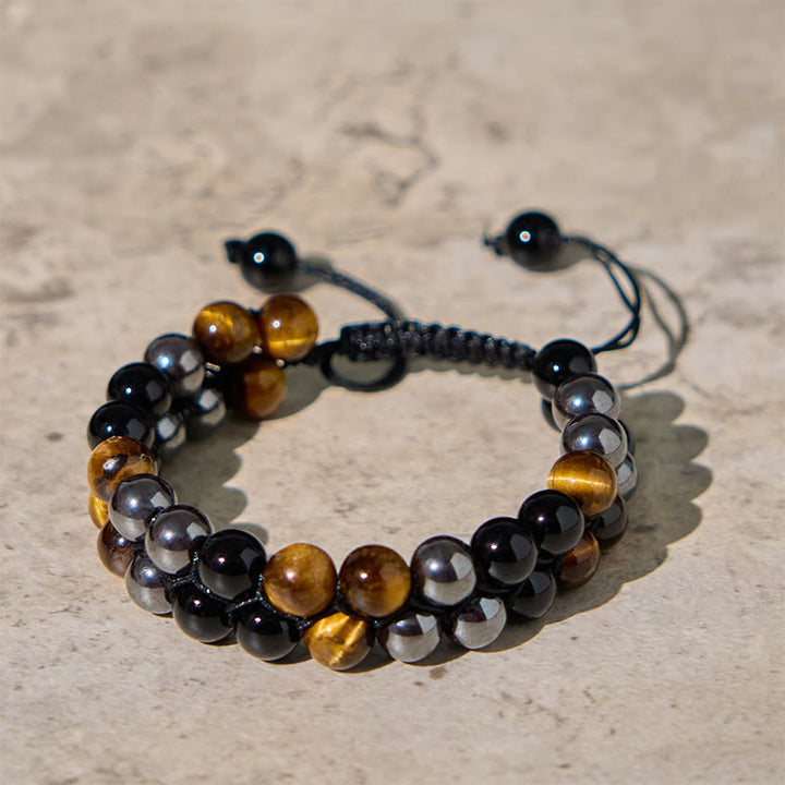 Buddha Stones Schutzarmband aus natürlichem Tigerauge, schwarzem Magnetit und schwarzem Onyx, zweireihige Perlen