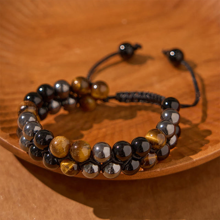 Buddha Stones Schutzarmband aus natürlichem Tigerauge, schwarzem Magnetit und schwarzem Onyx, zweireihige Perlen
