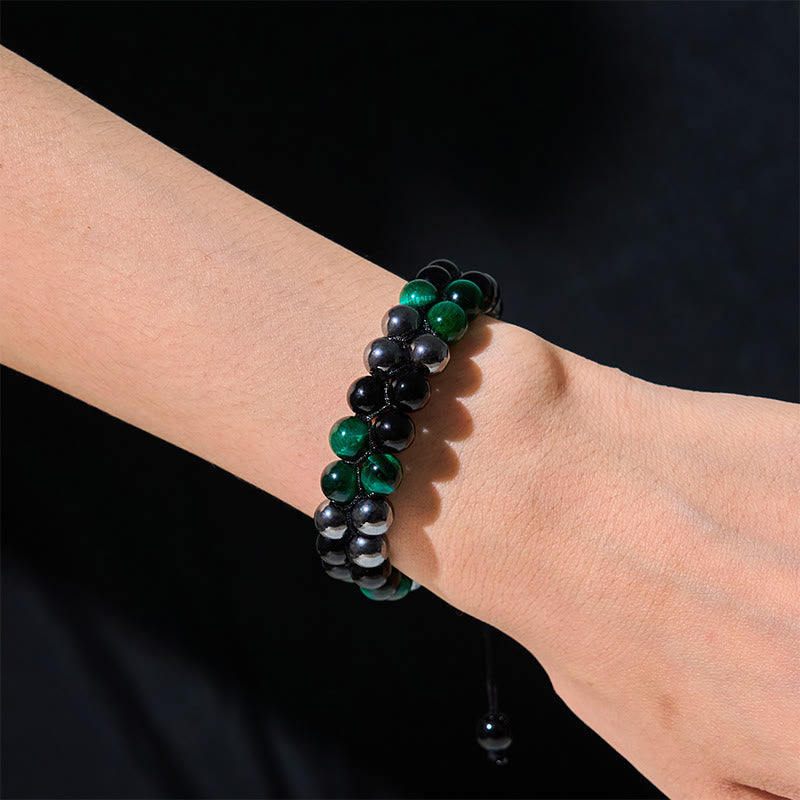 Buddha Stones Natürliches grünes Tigerauge, schwarzer Magnetit, schwarzer Obsidian, zweireihige Perlen, positives Armband