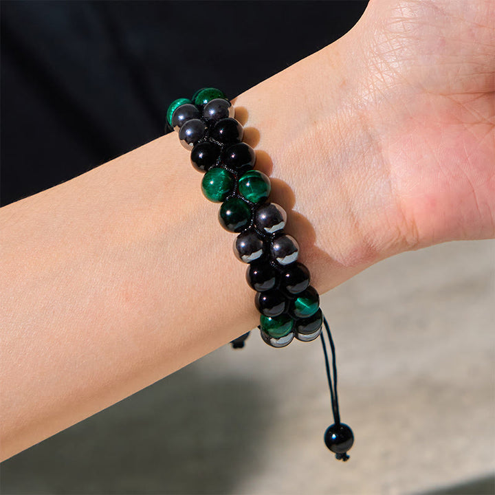 Buddha Stones Natürliches grünes Tigerauge, schwarzer Magnetit, schwarzer Obsidian, zweireihige Perlen, positives Armband