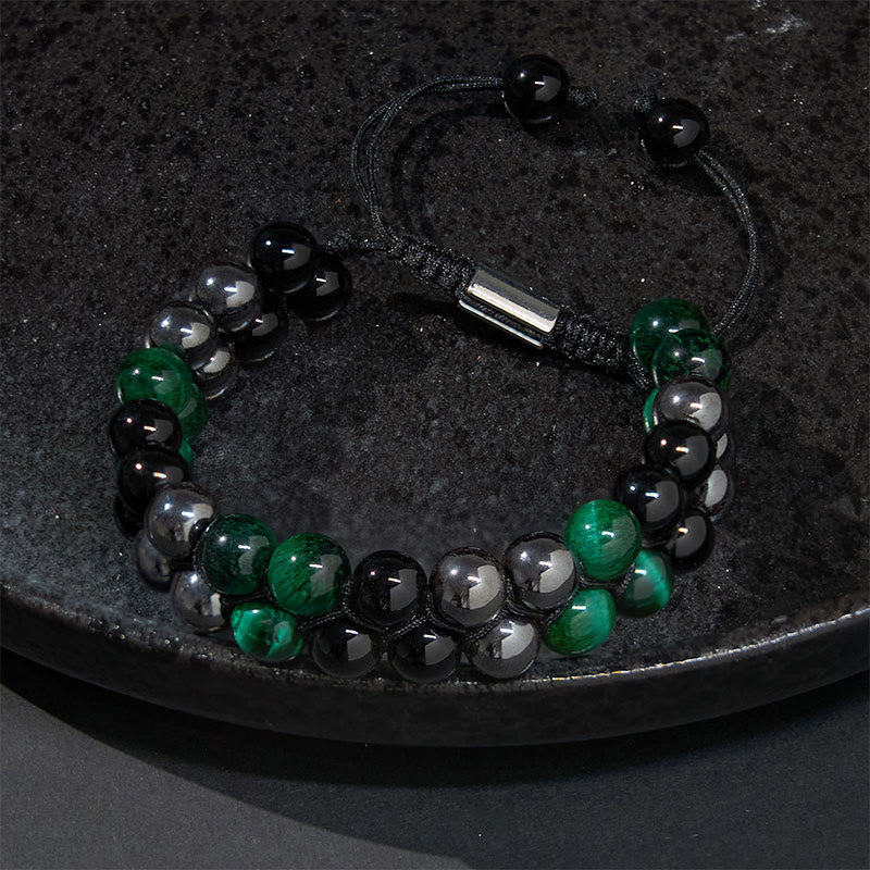 Buddha Stones Natürliches grünes Tigerauge, schwarzer Magnetit, schwarzer Obsidian, zweireihige Perlen, positives Armband