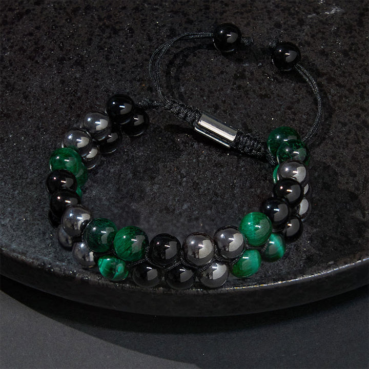 Buddha Stones Natürliches grünes Tigerauge, schwarzer Magnetit, schwarzer Obsidian, zweireihige Perlen, positives Armband
