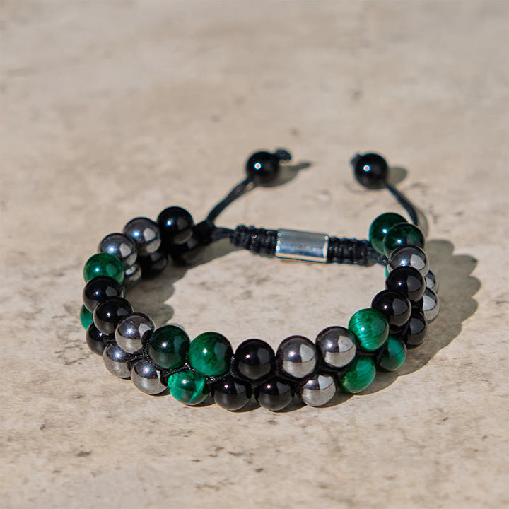 Buddha Stones Natürliches grünes Tigerauge, schwarzer Magnetit, schwarzer Obsidian, zweireihige Perlen, positives Armband