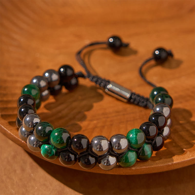 Buddha Stones Natürliches grünes Tigerauge, schwarzer Magnetit, schwarzer Obsidian, zweireihige Perlen, positives Armband