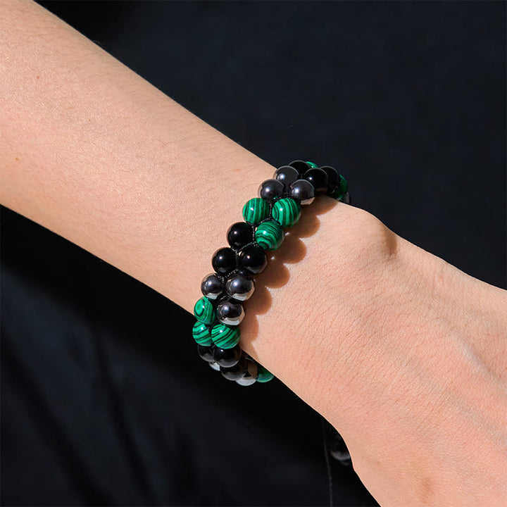 Buddha Stones Armband aus natürlichem Malachit, schwarzem Magnetit und schwarzem Obsidian, zweireihige Perlen, Anti-Angst-Armband