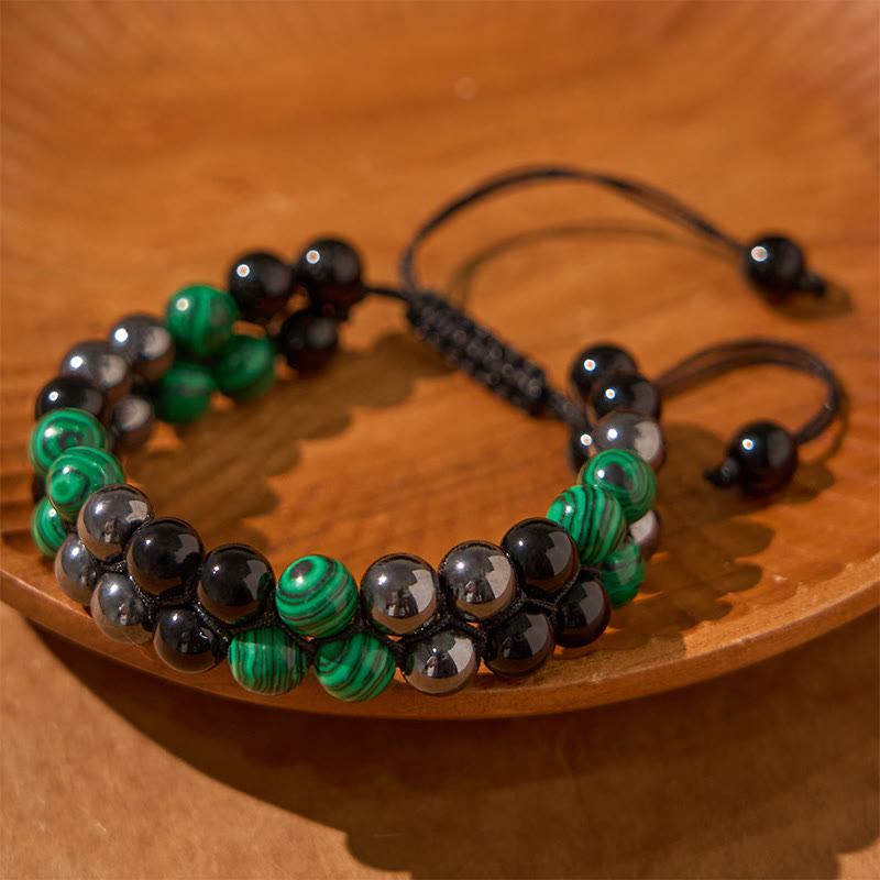 Buddha Stones Armband aus natürlichem Malachit, schwarzem Magnetit und schwarzem Obsidian, zweireihige Perlen, Anti-Angst-Armband