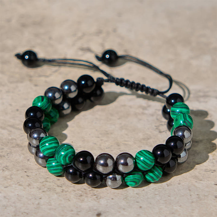 Buddha Stones Armband aus natürlichem Malachit, schwarzem Magnetit und schwarzem Obsidian, zweireihige Perlen, Anti-Angst-Armband