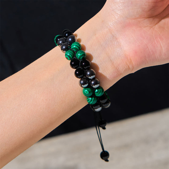 Buddha Stones Armband aus natürlichem Malachit, schwarzem Magnetit und schwarzem Obsidian, zweireihige Perlen, Anti-Angst-Armband