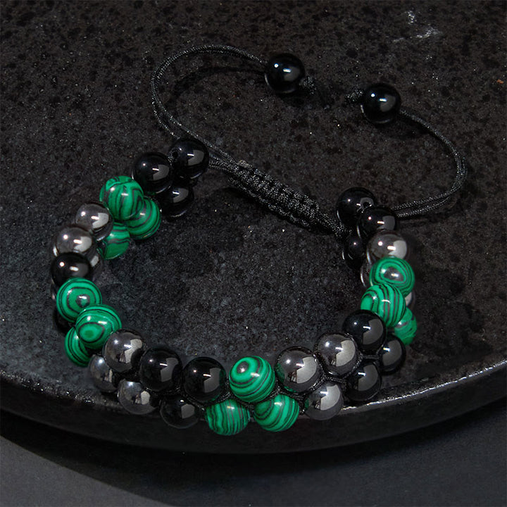 Buddha Stones Armband aus natürlichem Malachit, schwarzem Magnetit und schwarzem Obsidian, zweireihige Perlen, Anti-Angst-Armband