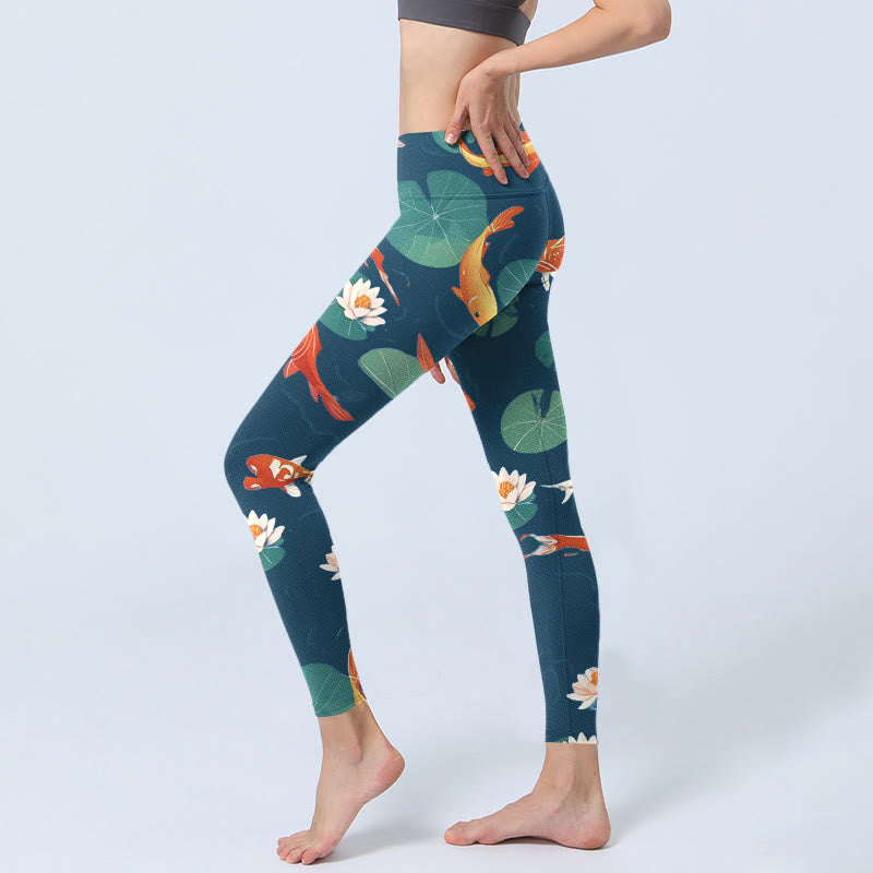 Buddha Stones, Koi-Fische, Lotusblüte, Lotusblätter, Musterdruck, Gym-Leggings, Damen-Yogahose - image 3