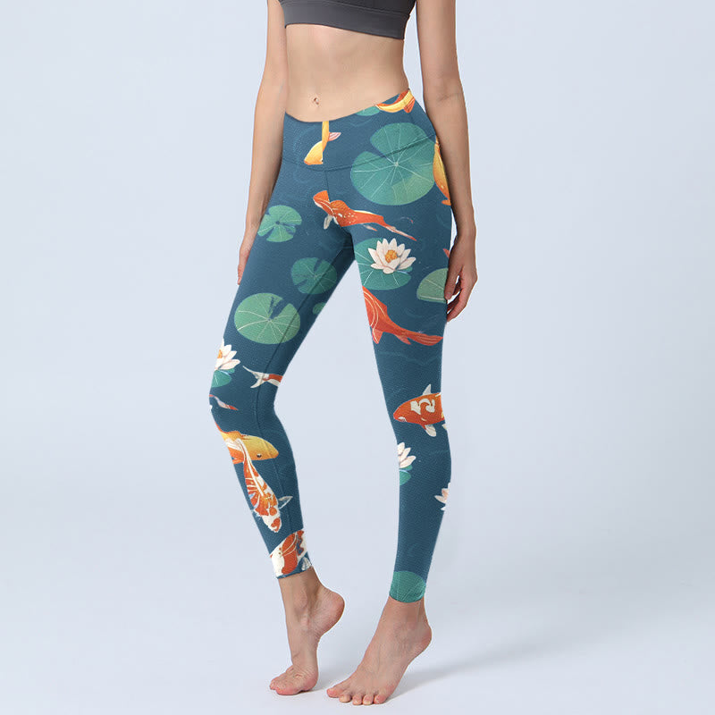 Buddha Stones, Koi-Fische, Lotusblüte, Lotusblätter, Musterdruck, Gym-Leggings, Damen-Yogahose - Blaugrün - US18， UK/AU22，EU50 (4XL) - image 1