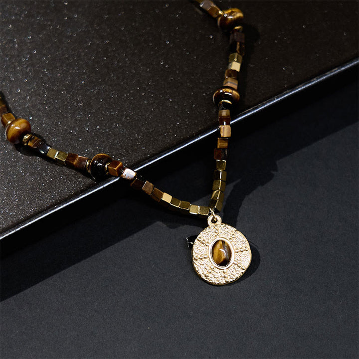 Buddha Stones Natürlicher Tigerauge Quadratischer Schutz Titan Stahl Halskette Anhänger