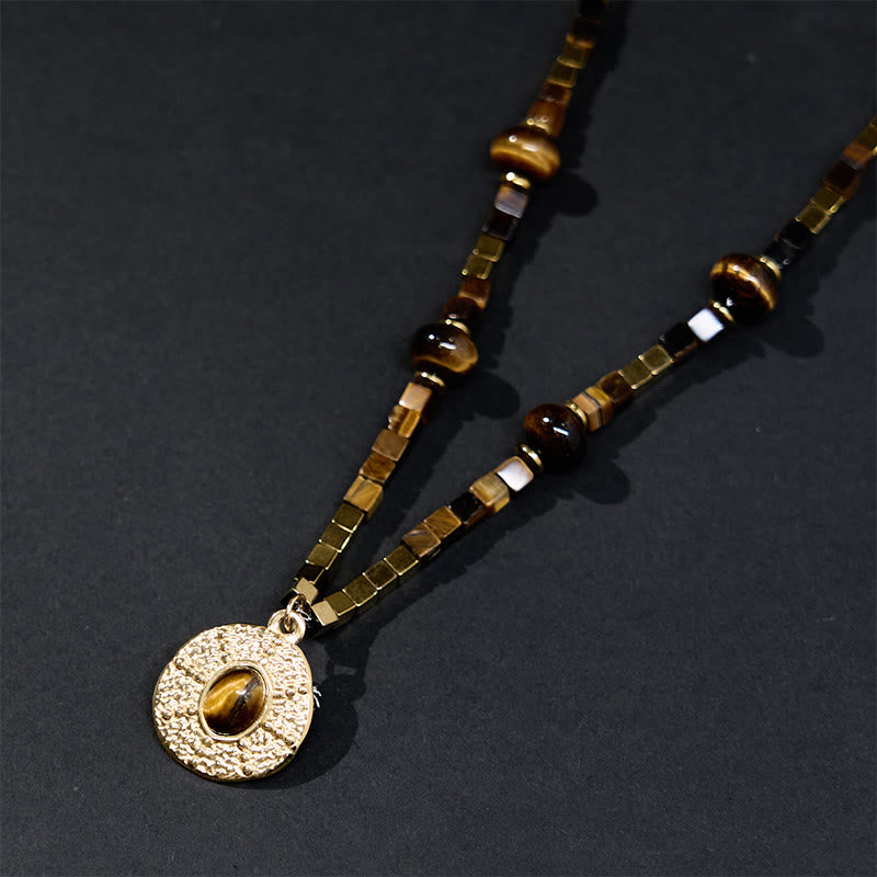 Buddha Stones Natürlicher Tigerauge Quadratischer Schutz Titan Stahl Halskette Anhänger