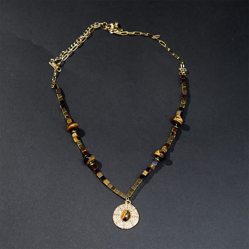 Buddha Stones Natürlicher Tigerauge Quadratischer Schutz Titan Stahl Halskette Anhänger