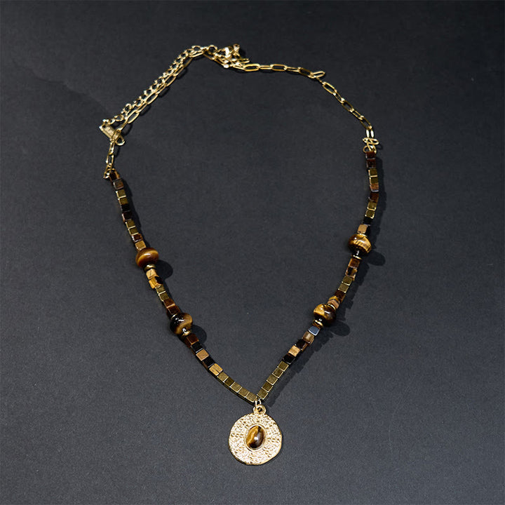 Buddha Stones Natürlicher Tigerauge Quadratischer Schutz Titan Stahl Halskette Anhänger