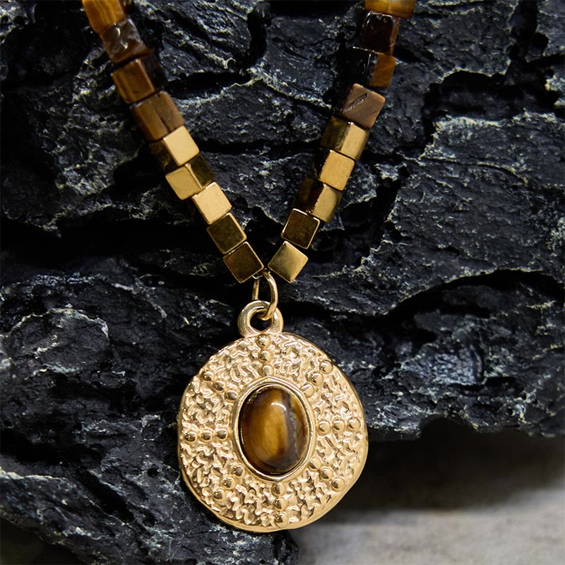 Buddha Stones Natürlicher Tigerauge Quadratischer Schutz Titan Stahl Halskette Anhänger