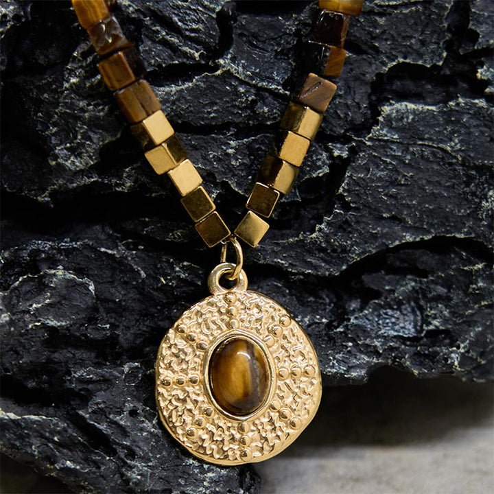 Buddha Stones Natürlicher Tigerauge Quadratischer Schutz Titan Stahl Halskette Anhänger