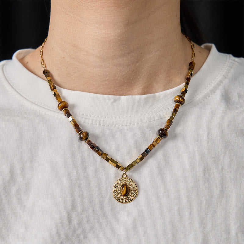 Buddha Stones Natürlicher Tigerauge Quadratischer Schutz Titan Stahl Halskette Anhänger