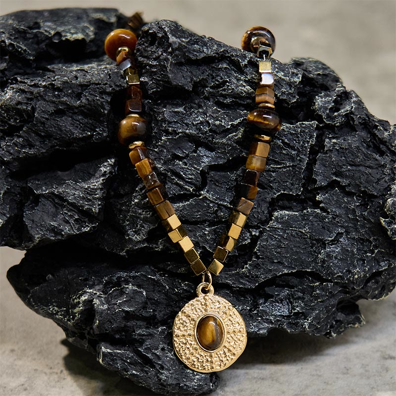 Buddha Stones Natürlicher Tigerauge Quadratischer Schutz Titan Stahl Halskette Anhänger