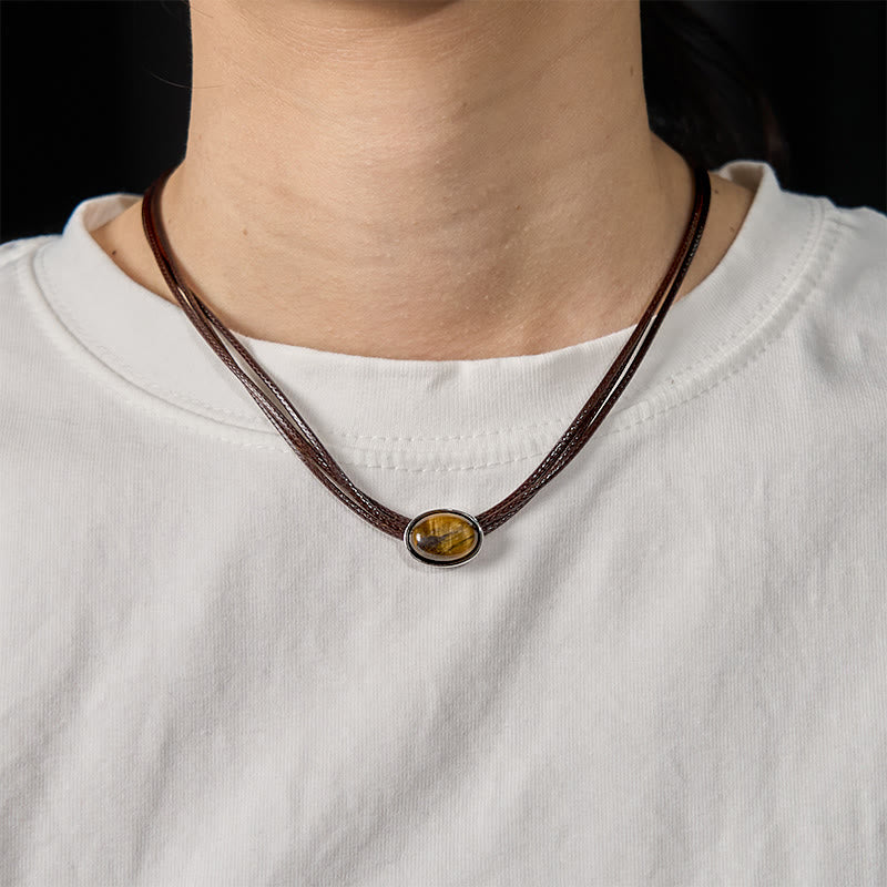 Buddha Stones Natürliches Tigerauge Ellipse Schutz Wachs Seil Halskette Anhänger