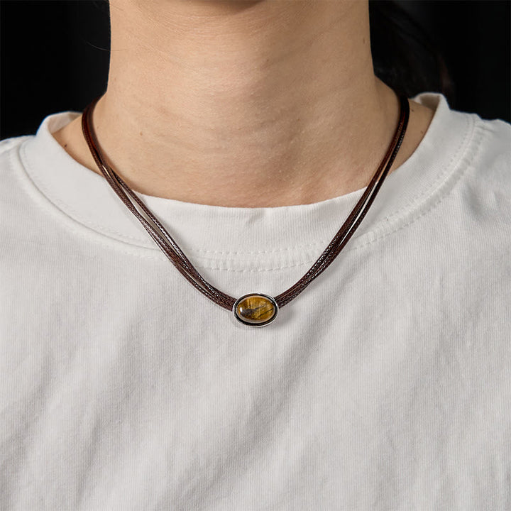 Buddha Stones Natürliches Tigerauge Ellipse Schutz Wachs Seil Halskette Anhänger