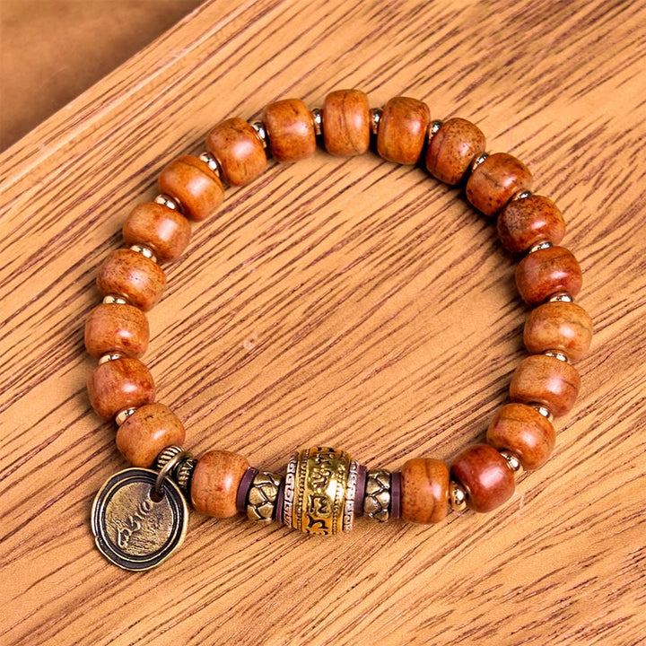 Buddha Stones Natürliche tibetische Kamelknochen-Fassperlen OM Sanskrit Glücksschutzarmband