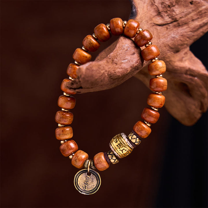 Buddha Stones Natürliche tibetische Kamelknochen-Fassperlen OM Sanskrit Glücksschutzarmband