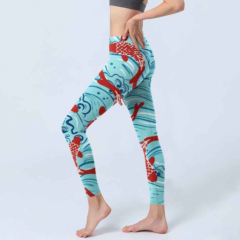 Buddha Stones Koi Fisch Wellenmuster Druck Gym Leggings Damen Yoga Hose - image 3