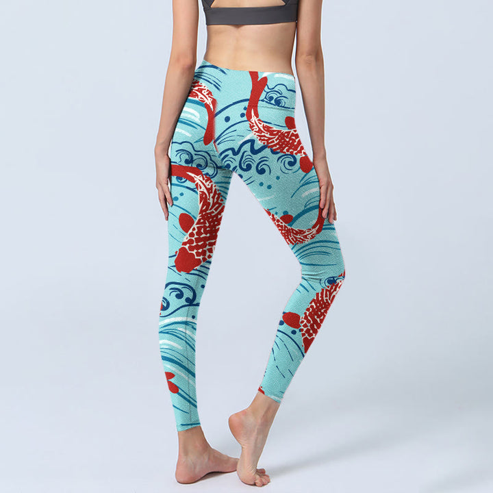 Buddha Stones Koi Fisch Wellenmuster Druck Gym Leggings Damen Yoga Hose - image 3
