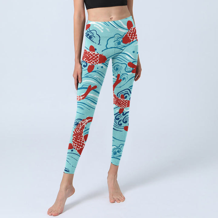 Buddha Stones Koi Fisch Wellenmuster Druck Gym Leggings Damen Yoga Hose - image 5