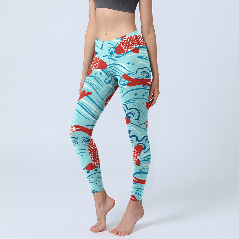 Buddha Stones Koi Fisch Wellenmuster Druck Gym Leggings Damen Yoga Hose - Cyan - US18， UK/AU22，EU50 (4XL) - image 1