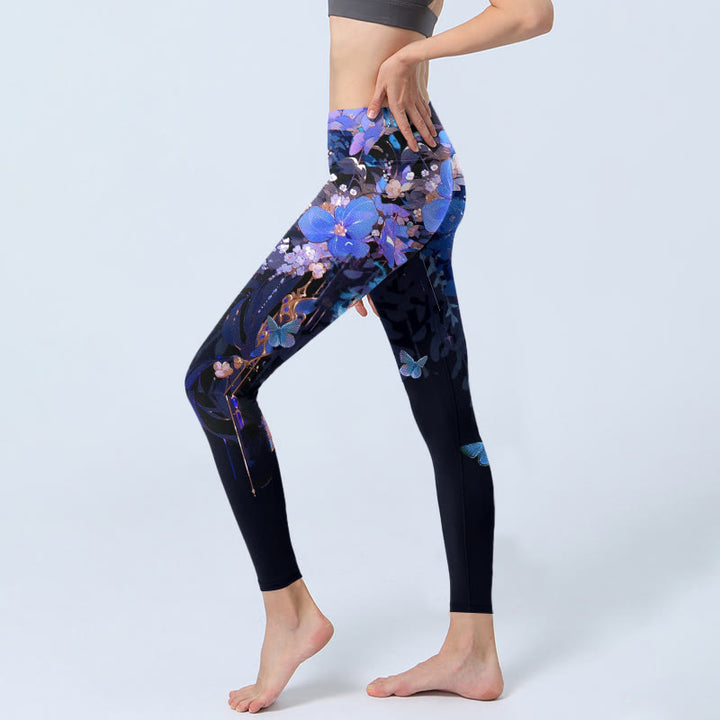 Buddha Stones Lila Blumen Schmetterling Muster Druck Gym Leggings Damen Yoga Hose - image 2